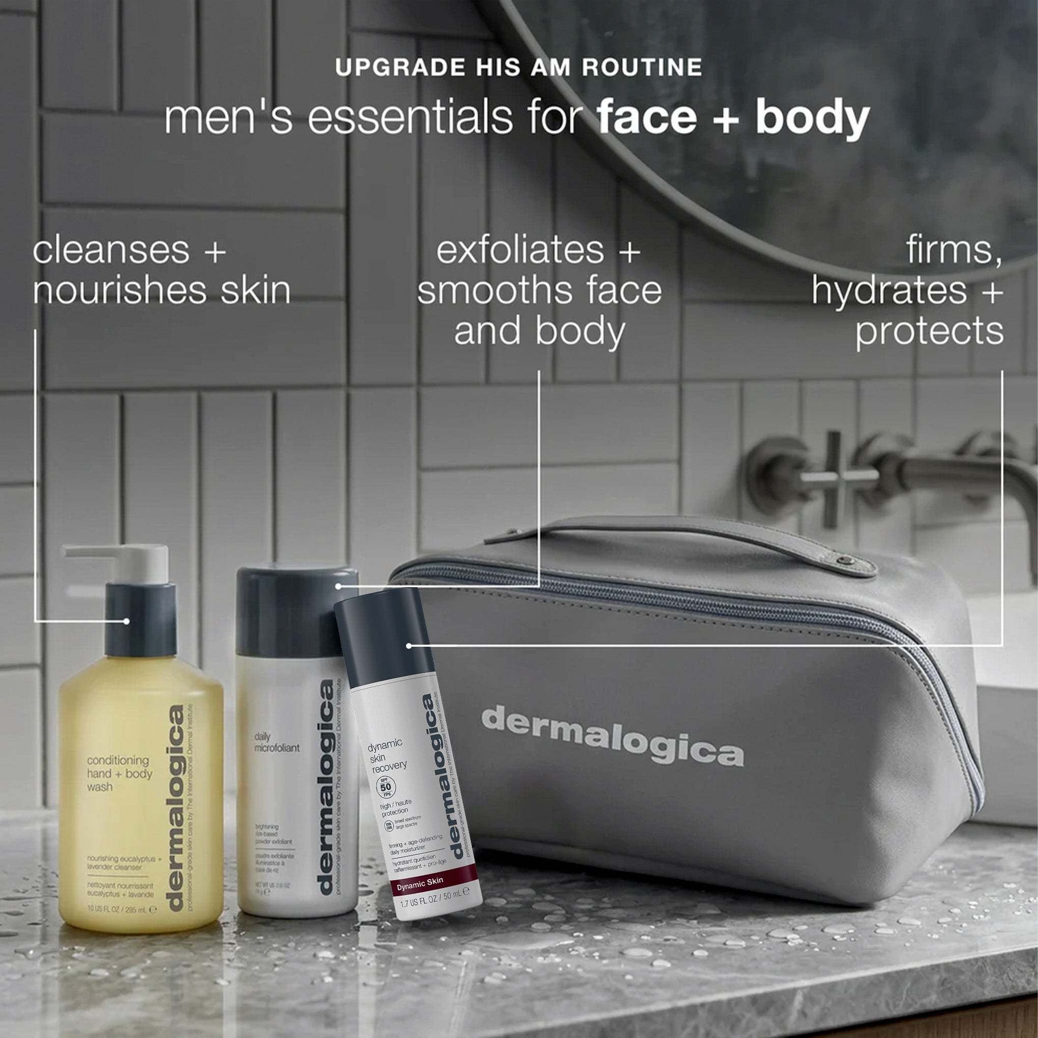 men's daily face + body skin care routine set (3 full-size + bag)