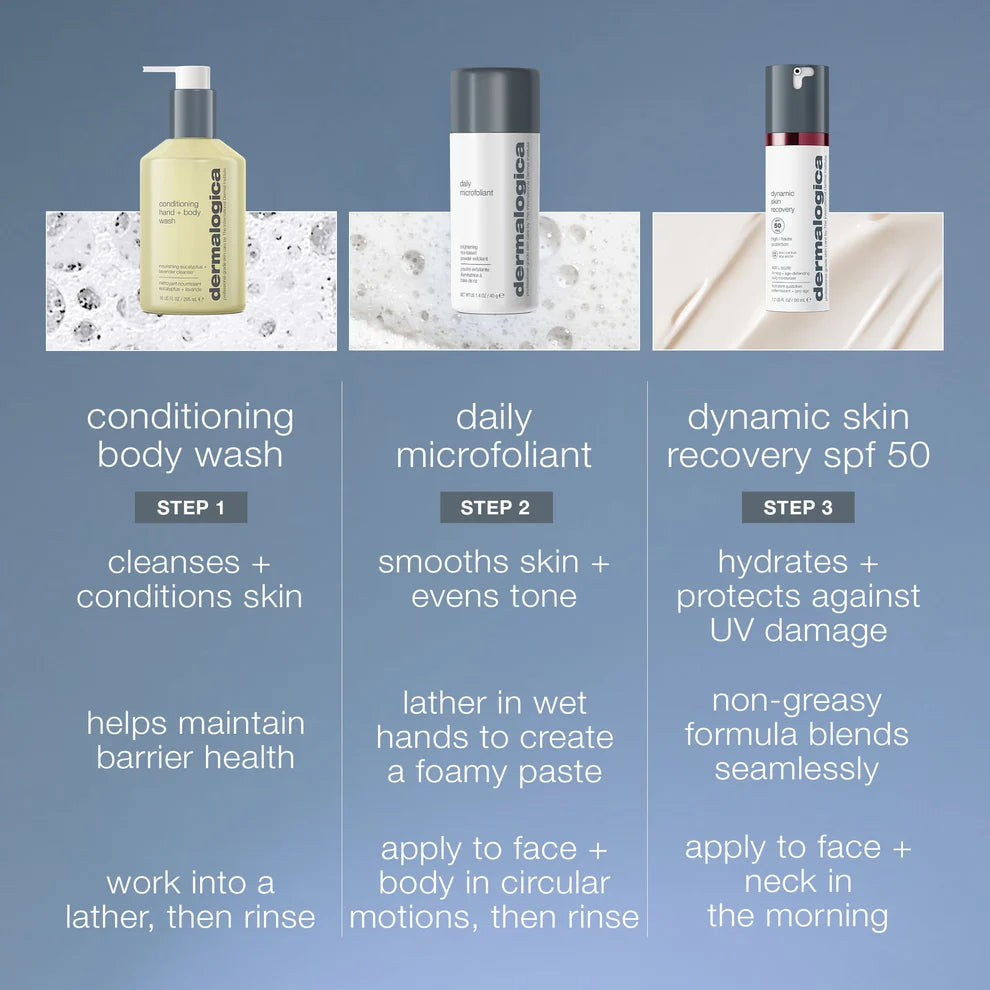 men's daily face + body skin care routine set (3 full-size + bag)